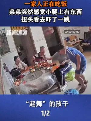 一家人正在吃饭！弟弟突然感觉小腿上有东西~扭头看去吓了一跳！