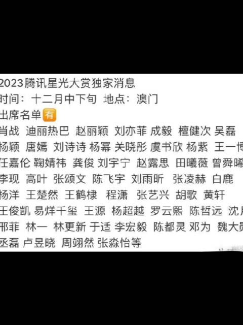 2023星光大赏出席名单 肖战 ：迪丽热巴： 赵丽颖： 刘亦菲：……