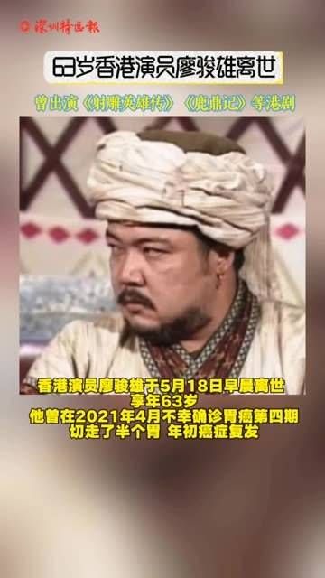 63岁香港演员廖骏雄去世 曾出演《射雕英雄传》《鹿鼎记》等港剧